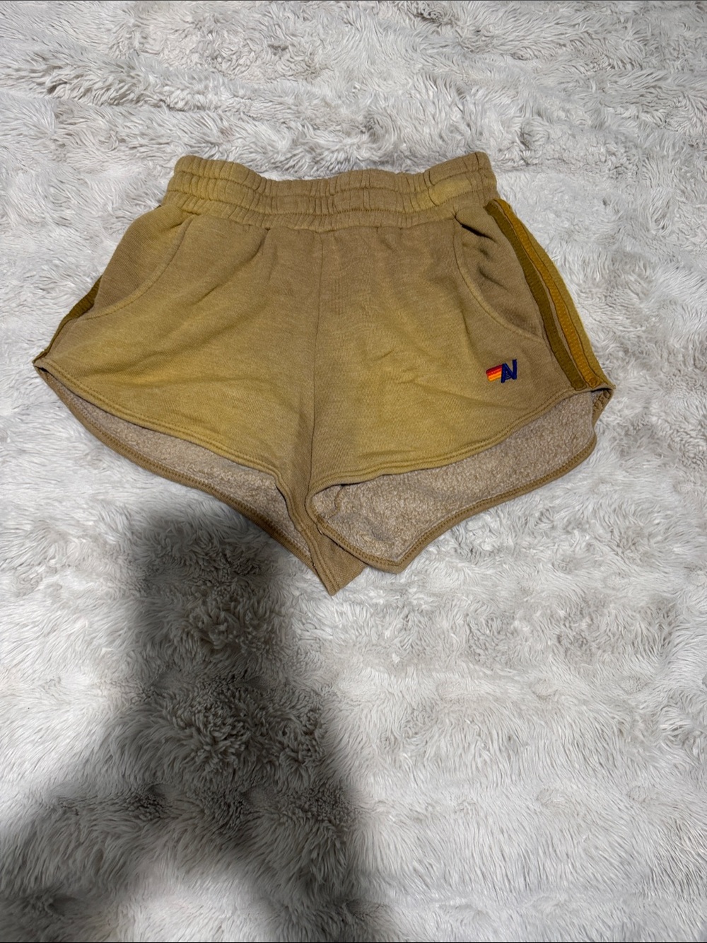 Aviator Nation Mustard Tan French Terry Athletic Shorts with Side Stripe